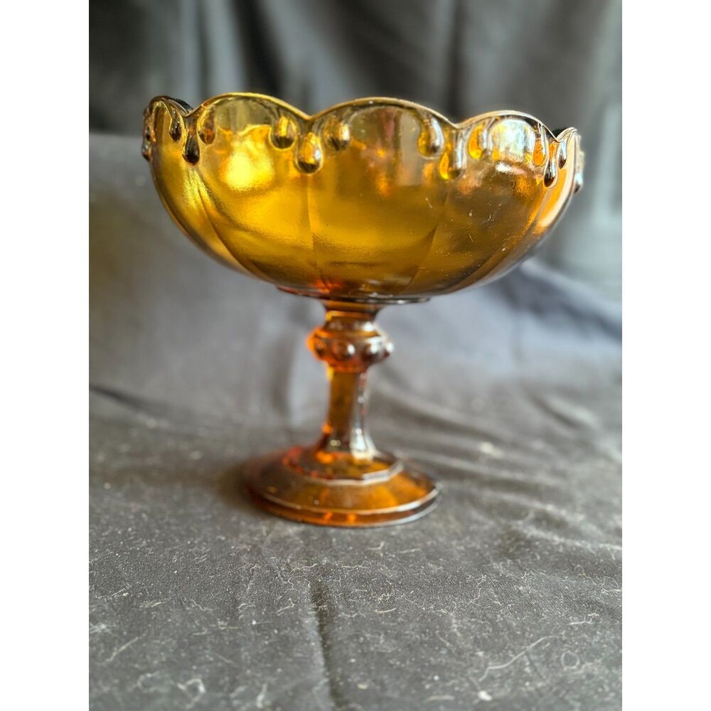 Vintage Indiana Glass Golden Amber Garland Teardrop Pedestal Bowl Compote